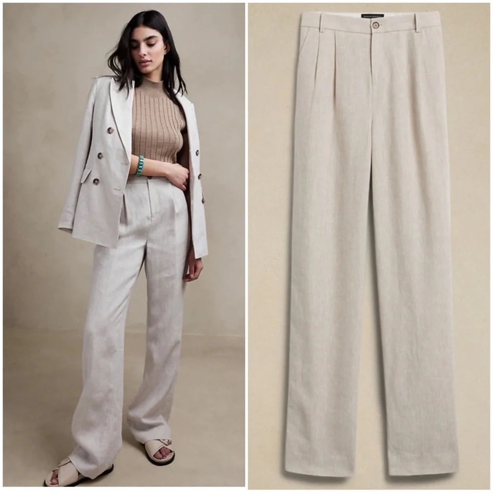 BANANA REPUBLIC Women Size 14 Palma Linen High-Waisted Pleated Straight-Leg Pant